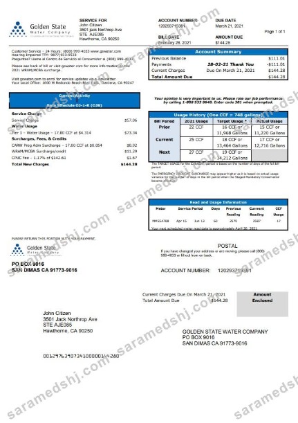 USA California Golden State Water Company utility bill template in .doc and .pdf format